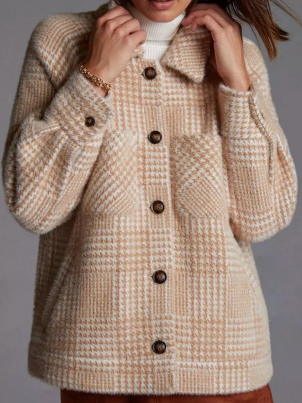 Anthropologie Greylin Cream and Tan Houndstooth Shirt Jacket